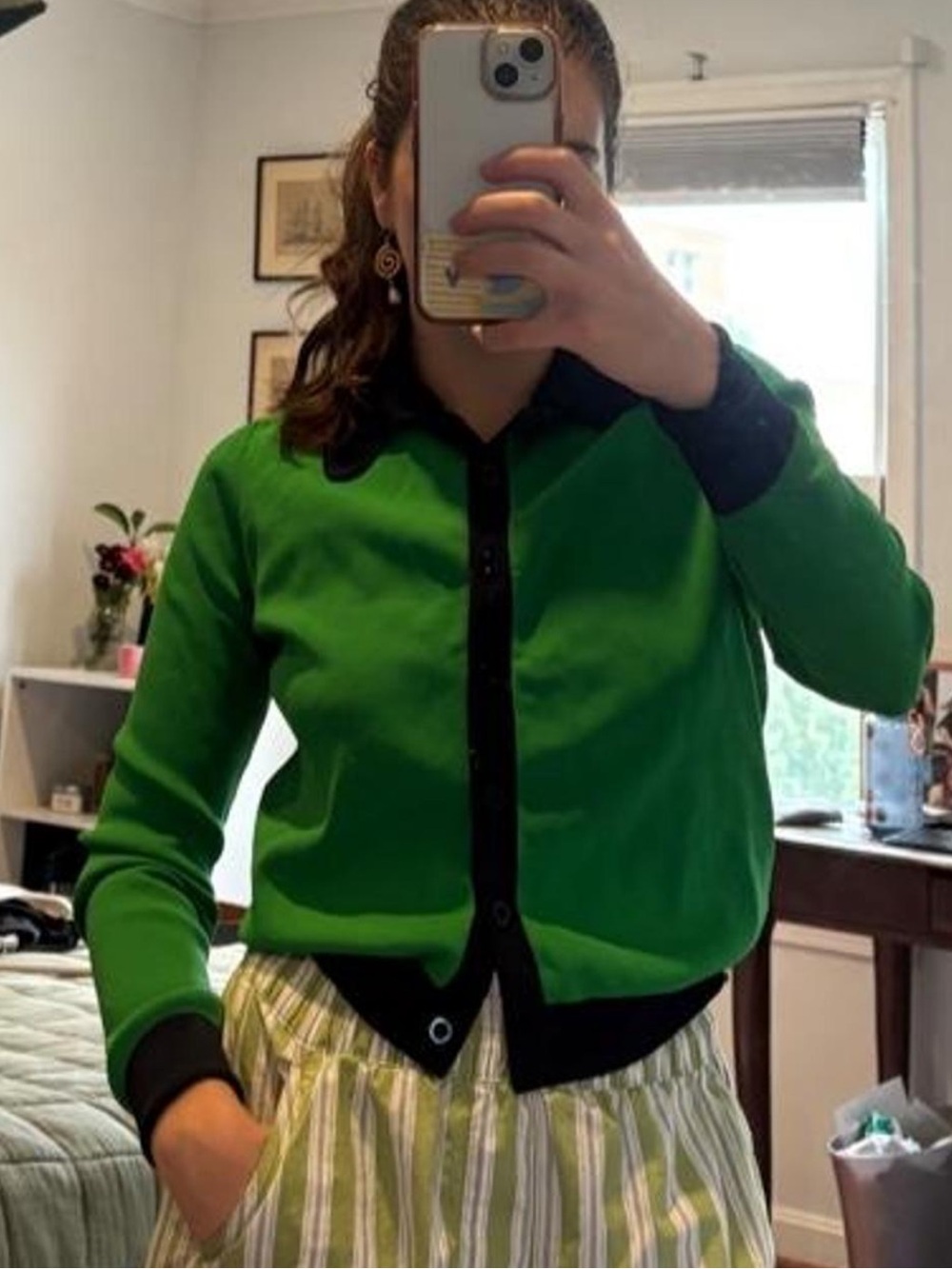 Green Button-Up Cardigan with Black Trim